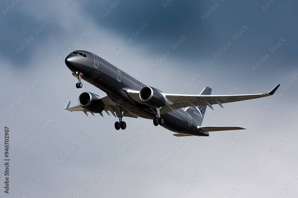 Fototapeta premium High-Tech Graphite Commercial Jet Ascending Dramatically Against White Background