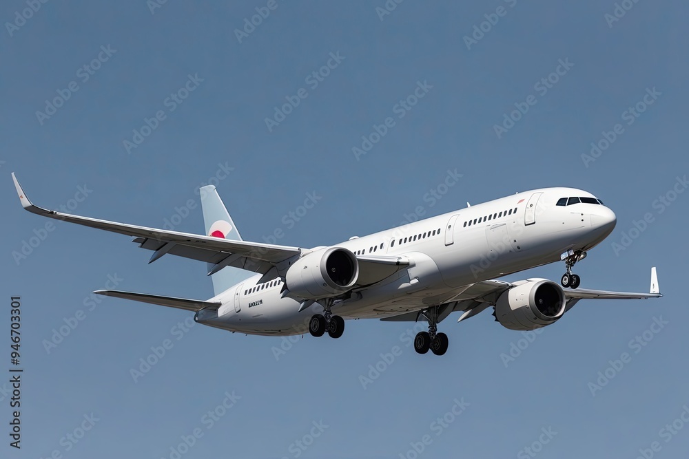 White Commercial Airplane in Flight Side View on Clear Background White Commercial Airplane in Flight Side View on Clear Background
