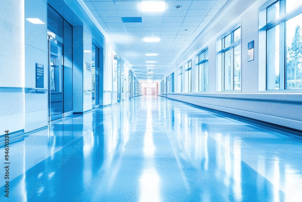 Empty hospital corridor with bright lights. Ideal for medical, healthcare, and clean environment concepts. Empty hospital corridor with bright lights. Ideal for medical, healthcare, and clean environment concepts.