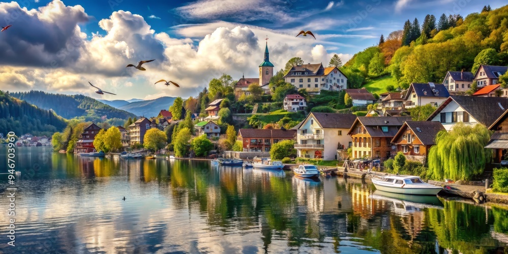 Fototapeta premium European Lakeside Village with Flying Seagulls, Composed of Lush Greens, Buildings and Blue Skies, Water Reflections, Lake, Village, Seagull