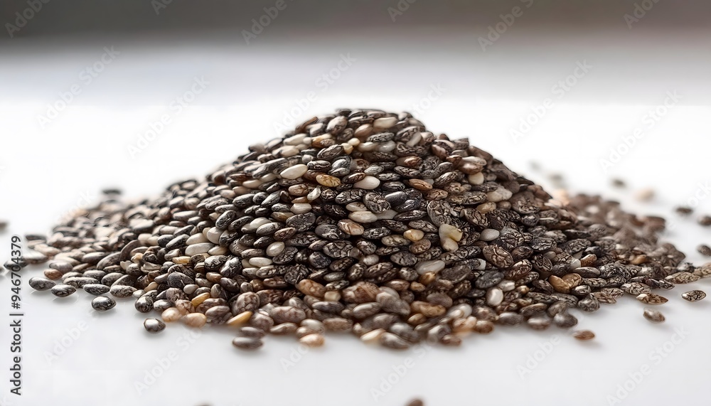A small pile of chia seeds spread out across a white background A small pile of chia seeds spread out across a white background
