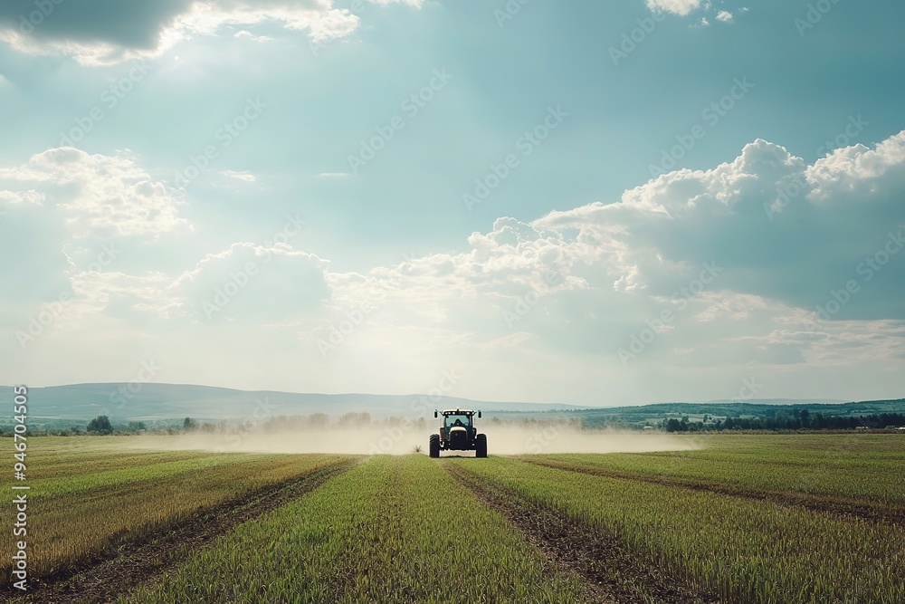 Tractor plowing golden field under cloudy sky Tractor plowing golden field under cloudy sky