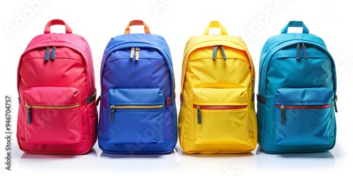 Four Colorful Backpacks in a Row, White Background, Front View, Pink, Blue, Yellow, Turquoise