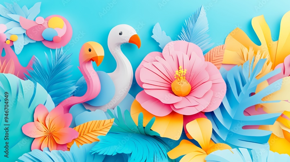 Fototapeta premium A vibrant paper-cut style illustration featuring tropical birds and colorful flowers.