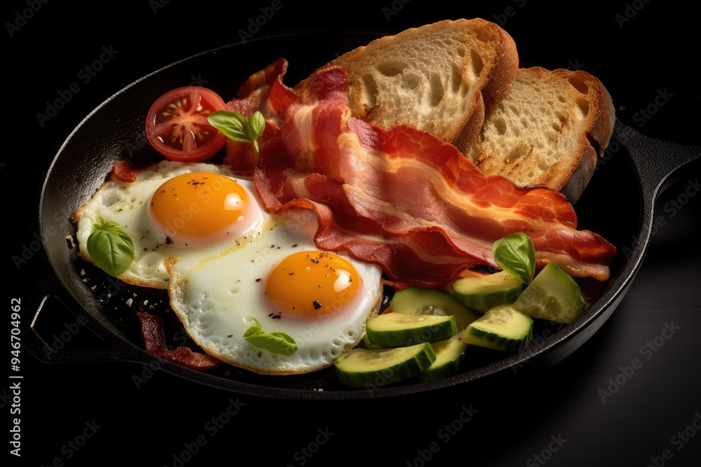 Sizzling breakfast of sunny-side-up eggs, crispy bacon, sliced avocado, and toast served in a cast-iron skillet on a dark background. Generative AI Sizzling breakfast of sunny-side-up eggs, crispy bacon, sliced avocado, and toast served in a cast-iron skillet on a dark background. Generative AI
