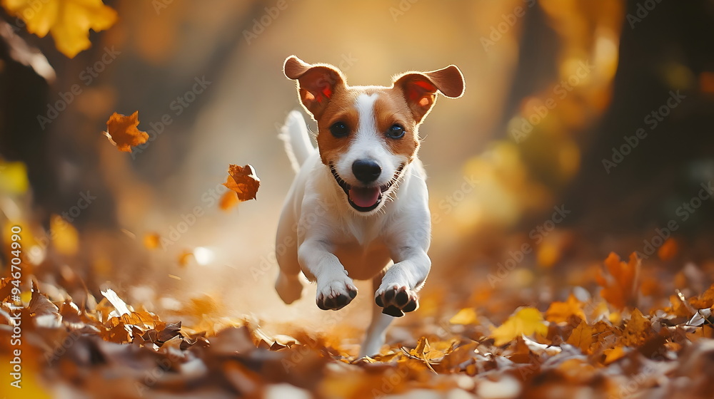 Joyful Dog Running Through Colorful Autumn Leaves Nature Happiness Joyful Dog Running Through Colorful Autumn Leaves Nature Happiness