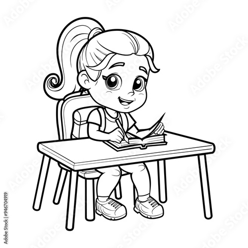 Coloring page for kids, a cute cartoon girl doing homework at her desk with white background.