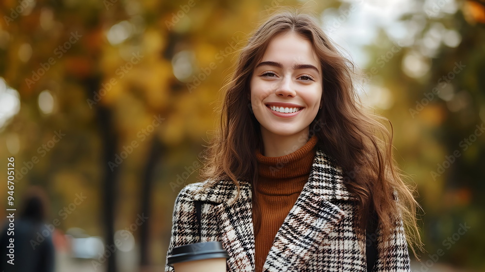 Smiling Woman Stylish Coat Autumn Park Coffee Nature Happiness Smiling Woman Stylish Coat Autumn Park Coffee Nature Happiness