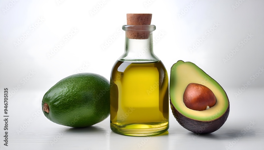 An isolated image of avocado oil in a clear glass bottle on a white background An isolated image of avocado oil in a clear glass bottle on a white background