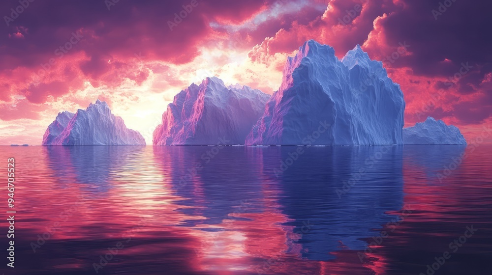 Arctic Sunset: Icebergs ablaze in a vibrant, surreal sunset. Pink and purple hues paint the sky and water, creating a dramatic and captivating scene. Arctic Sunset: Icebergs ablaze in a vibrant, surreal sunset. Pink and purple hues paint the sky and water, creating a dramatic and captivating scene.