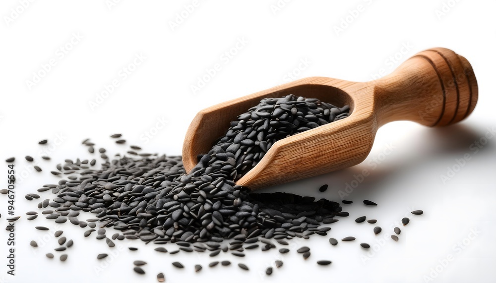 black sesame seeds in a small wooden scoop on a white background black sesame seeds in a small wooden scoop on a white background