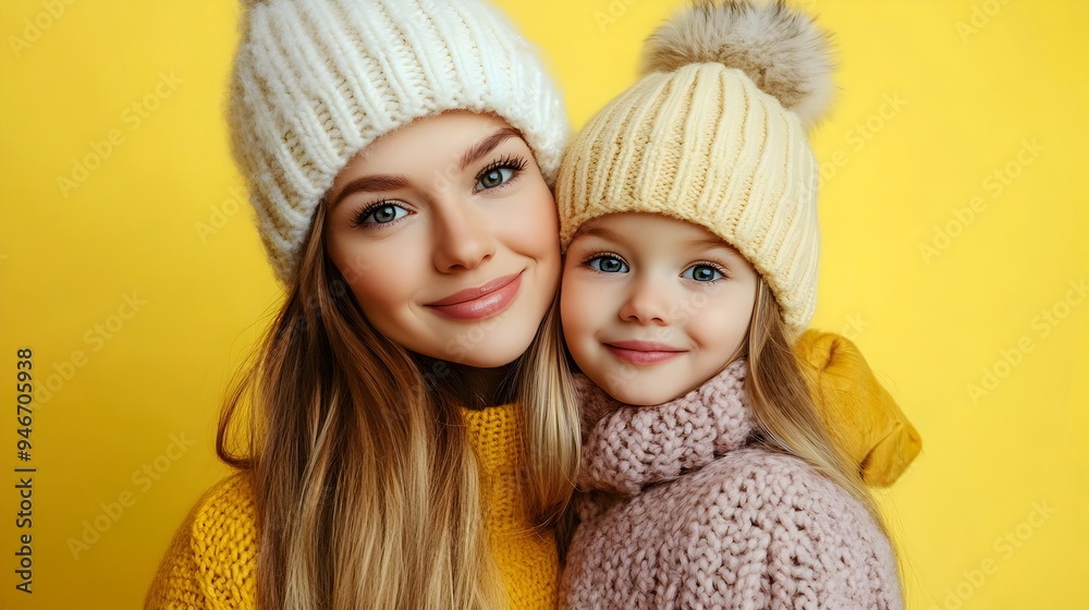 Cheerful Mother Daughter Portrait Smiling Winter Hats Cozy Knits Yellow Background Joyful