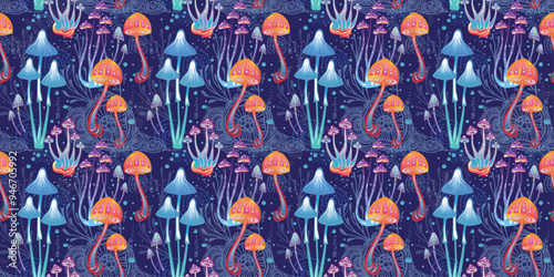 Seamless Pattern with Magic mushrooms, hand drawn vector illustration