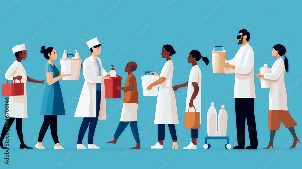 Obraz premium A caring team handing out hygiene kits, illustrating love, responsibility, and care for those in need. Love, Care, Responsibility, Work for All
