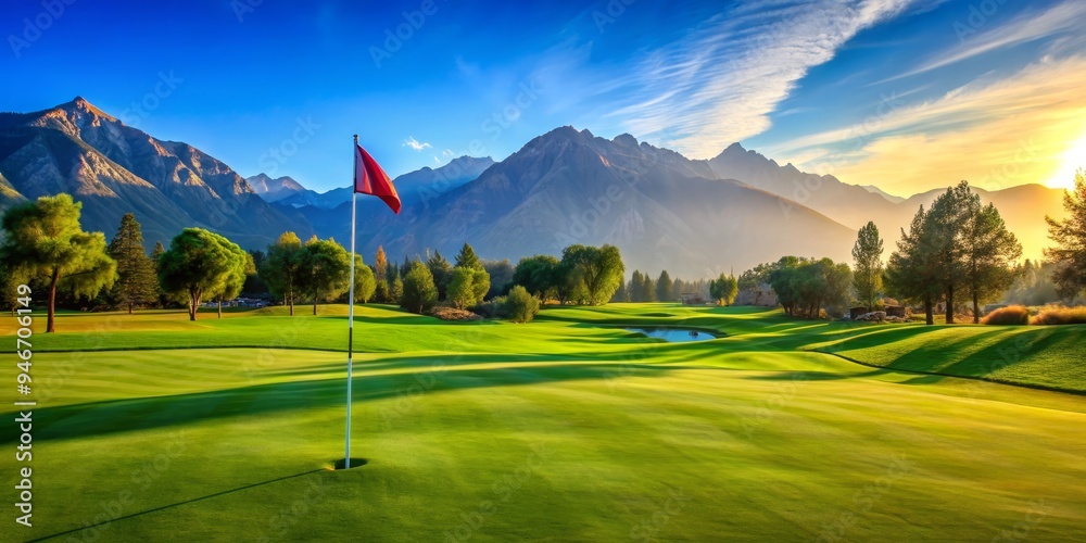 Fototapeta premium Golden Hour Golf Course with Mountain View, golf course, mountain, sunset