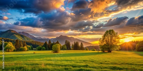 Golden Hour Glow Over Mountain Meadow, Landscape, Photography, Nature photo