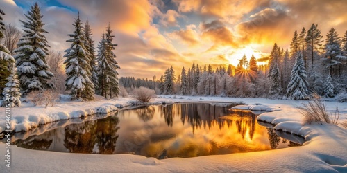 Golden Hour Reflection in a Snowy Forest, winter , landscape, sunset