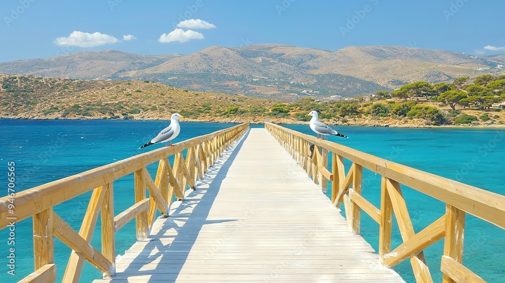 Two seagulls perch atop a wooden bridge spanning a body of water before towering mountains Two seagulls perch atop a wooden bridge spanning a body of water before towering mountains