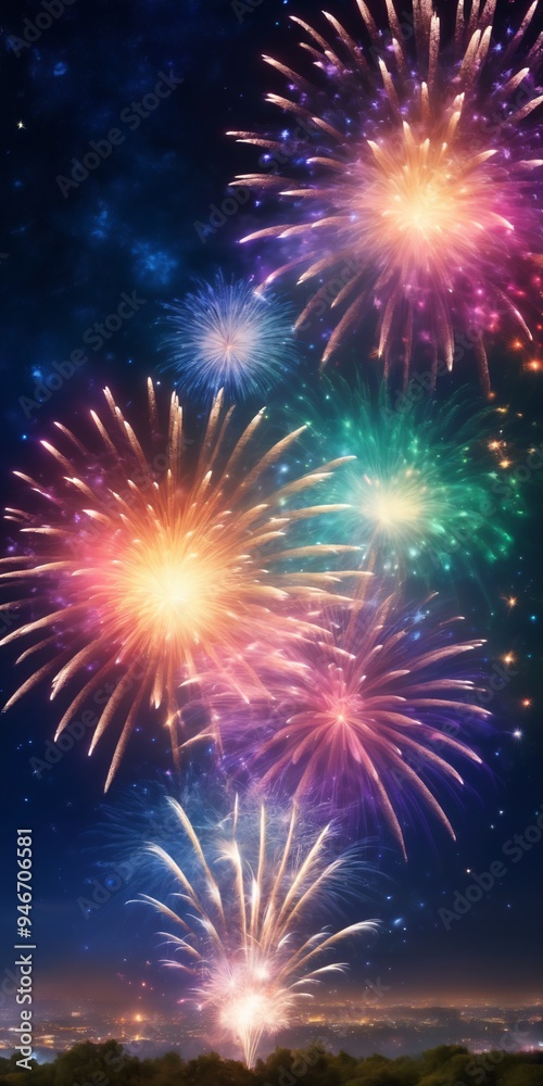 Naklejka premium Dazzling display of fireworks bursting in a variety of colors against the night sky, symbolizing celebration festivity