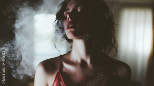 A woman exhales smoke in a dimly lit room, lost in a moment of solitude