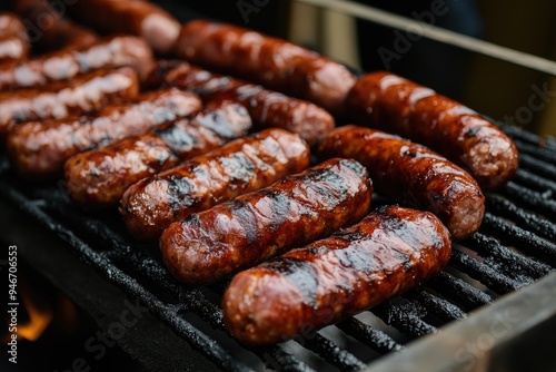 Close-up of grilled sausages on a BBQ grill. Perfect for advertising cookouts, grilling recipes, or summer food.