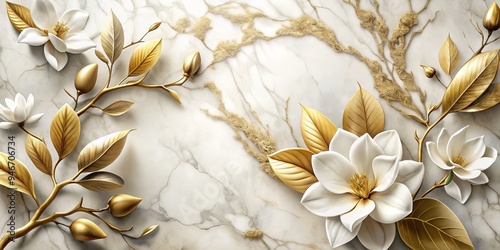 Golden Magnolia on Marble, 3D Floral Design, Luxury Wall Art, gold, marble, floral, 3D