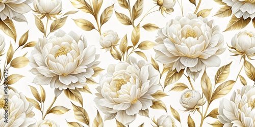 Golden Peony Bouquet - Watercolor Floral Seamless Pattern, White, Gold, Floral, Pattern