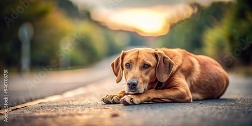 Golden Retriever on Road at...