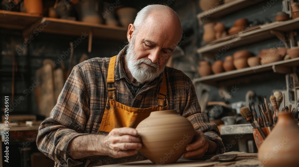 A retiree carefully shapes a clay vase in a well-lit workshop filled with pottery tools and artworks A retiree carefully shapes a clay vase in a well-lit workshop filled with pottery tools and artworks
