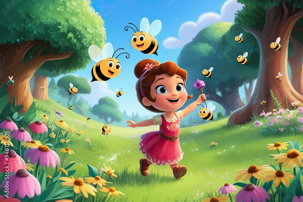 Magical Cartoon Adventure in a Charming Glade with Whimsical Breeze and Busy Bees Magical Cartoon Adventure in a Charming Glade with Whimsical Breeze and Busy Bees