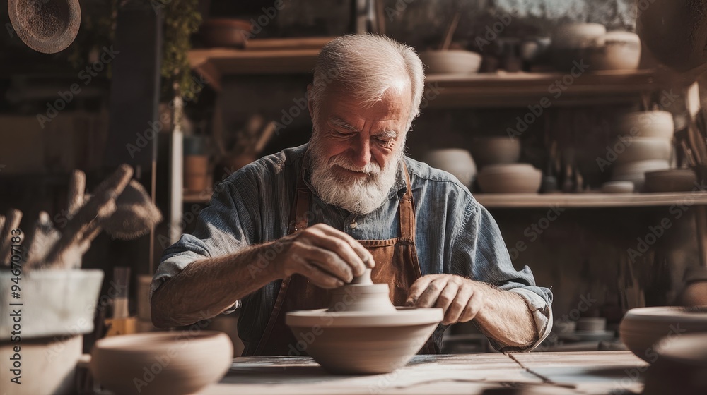 A retiree enjoys creating unique pottery in a well-lit studio, surrounded by clay and various ceramic pieces, embracing a new passion A retiree enjoys creating unique pottery in a well-lit studio, surrounded by clay and various ceramic pieces, embracing a new passion