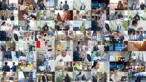 Multi screen business collage made of many different footages with business people working in office or outdoor. Technology, investment, money and teamwork concept.