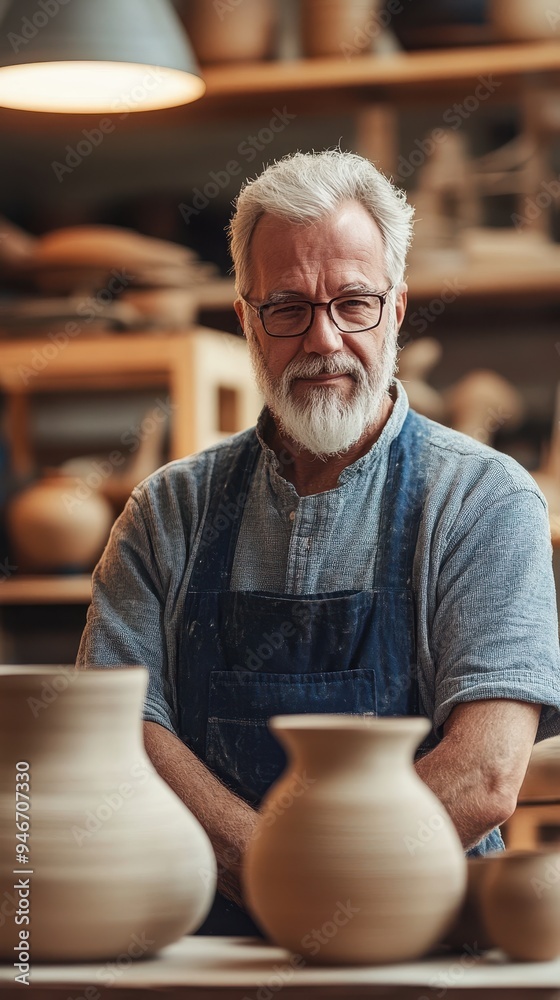 A retired man with a beard happily works on pottery, exploring creativity in a craft studio filled with unfinished pieces A retired man with a beard happily works on pottery, exploring creativity in a craft studio filled with unfinished pieces