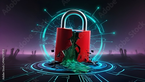 cyberattack. Cybersecurity alert, system compromise, internet cyberattack, red-broken padlock.