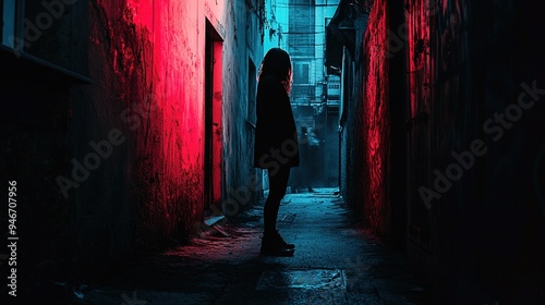 A person standing alone in a dark alley, looking over their shoulder with an expression of fear and anxiety