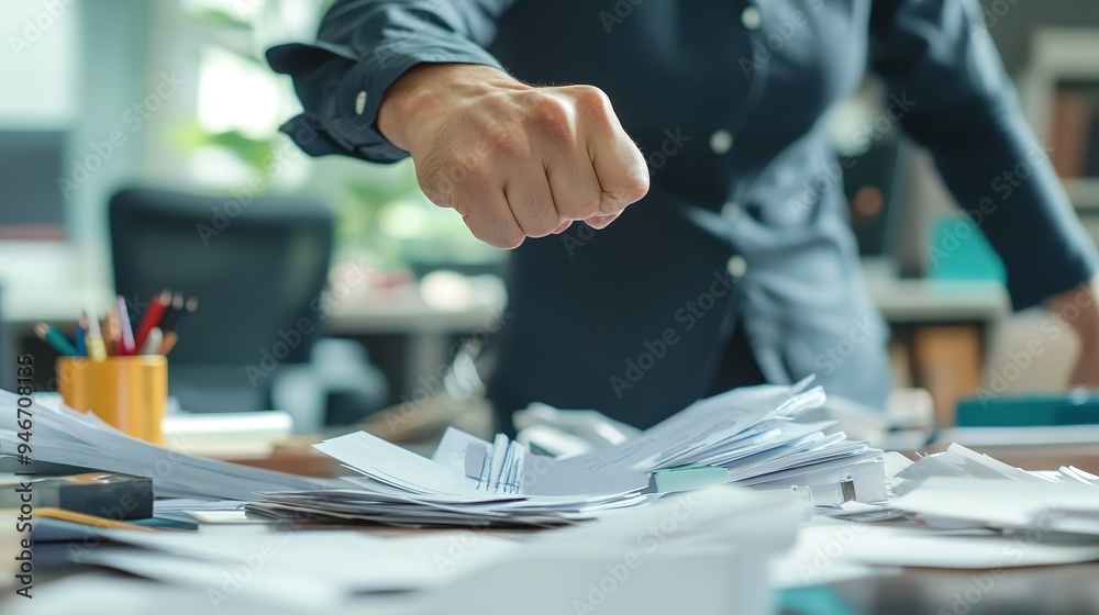 A person slamming a fist onto a table, causing papers and office supplies to scatter, with a visibly angry demeanor A person slamming a fist onto a table, causing papers and office supplies to scatter, with a visibly angry demeanor