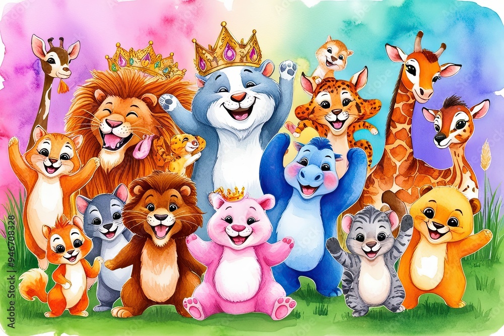 Naklejka premium Whimsical Watercolor Cartoon of a Joyful Animal Kingdom in a Vibrant Background