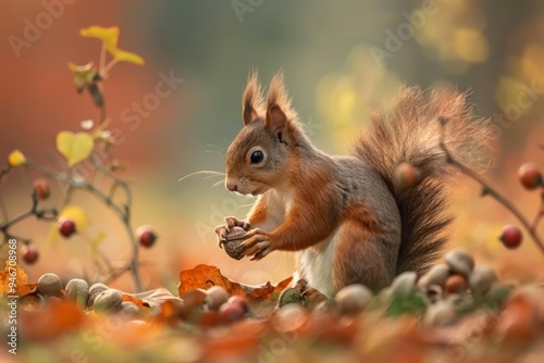 A tiny squirrel gathering acorns