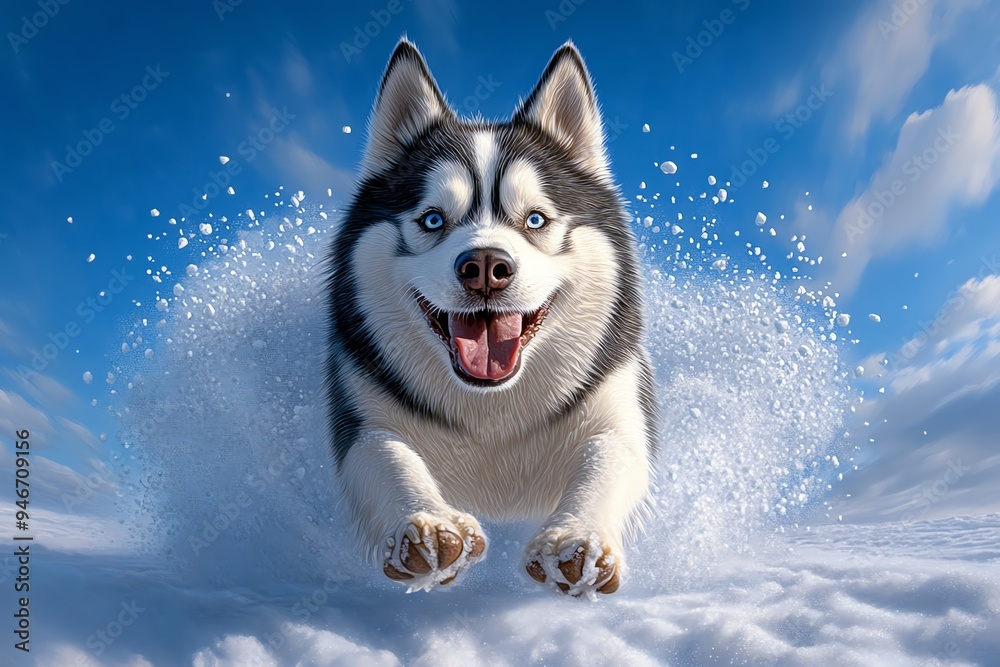 Funny Siberian Husky running through a snowy landscape, depicted in an artwork that emphasizes its boundless energy and joy Funny Siberian Husky running through a snowy landscape, depicted in an artwork that emphasizes its boundless energy and joy