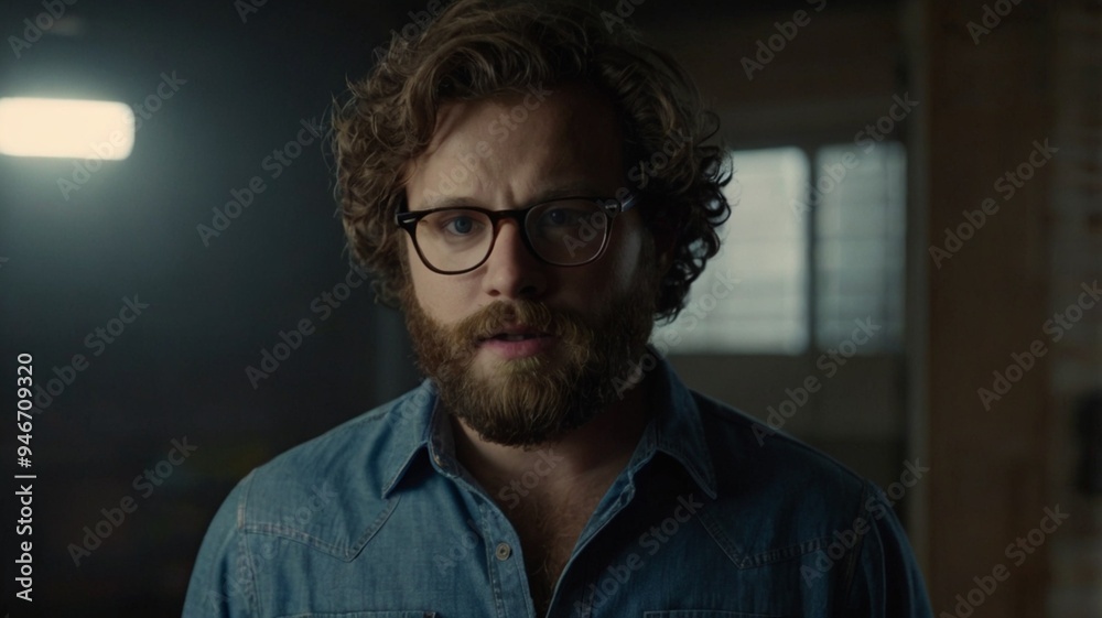portrait of a man with curly hair, mustache and beard