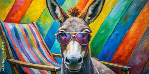 Cool Donkey in Sunglasses Against Colorful Stripes, donkey , painting , abstract , animal