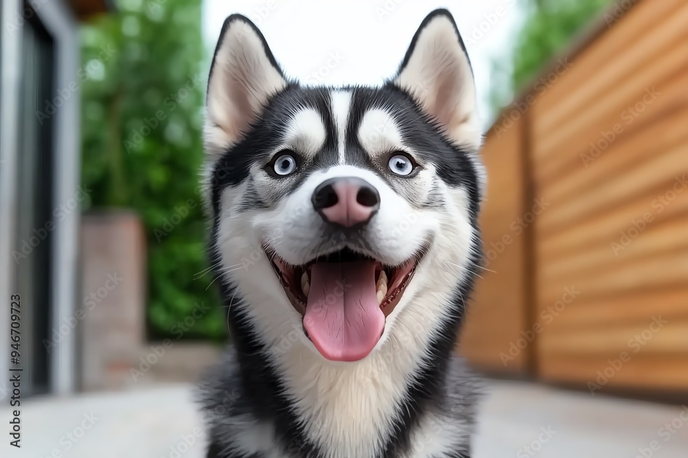 Obraz premium Funny Siberian Husky sticking its tongue out, captured in a close-up photo where the dog is making a silly, carefree face