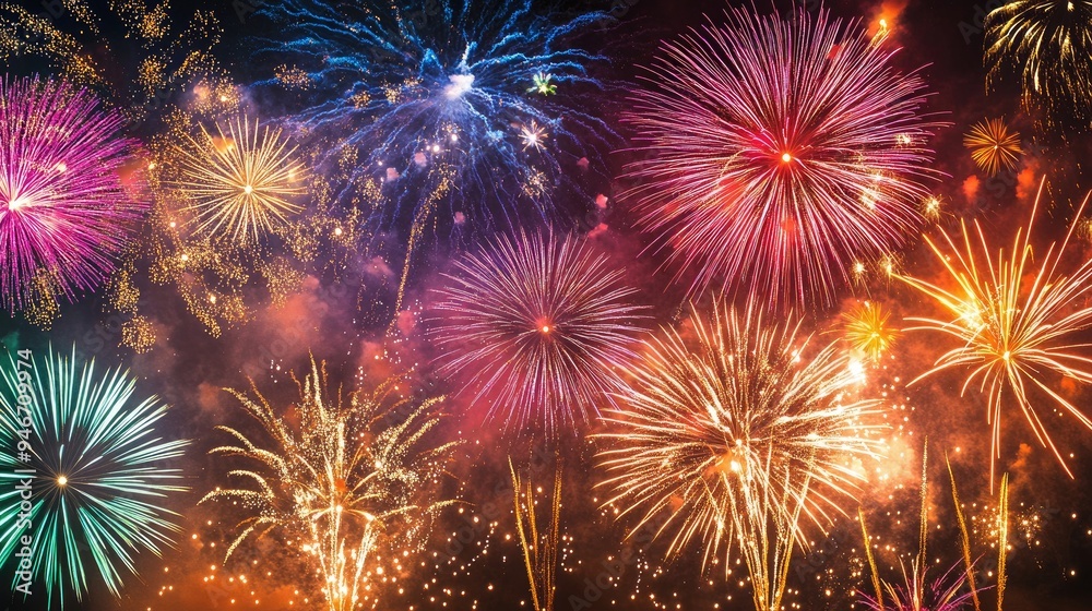 Naklejka premium Colorful fireworks bursting in the night sky creating a vibrant and festive atmosphere