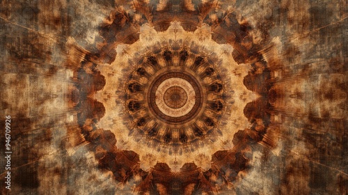 Brown kaleidoscopic design featuring a repetitive pattern Artistic grunge mandala backdrop