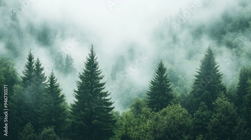 Misty forest with tall trees. A serene and calming photo perfect for illustrating tranquility, nature, and the beauty of the forest.