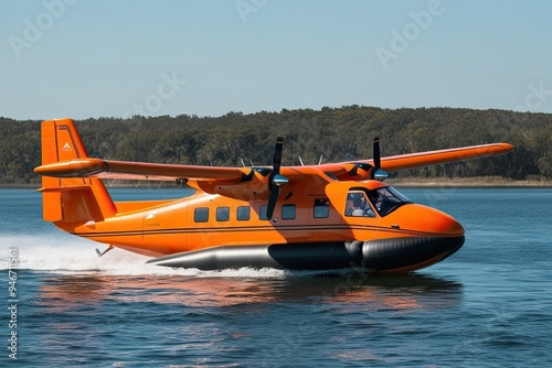 Vibrant Orange Amphibious Plane Landing on Water Innovative Adventure Travel 3D Visualization