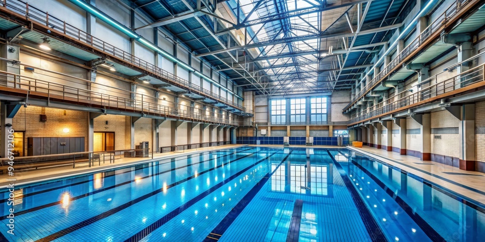 Indoor Swimming Pool with Skylight and Balconies, swimming pool, indoor, architecture, industrial Indoor Swimming Pool with Skylight and Balconies, swimming pool, indoor, architecture, industrial