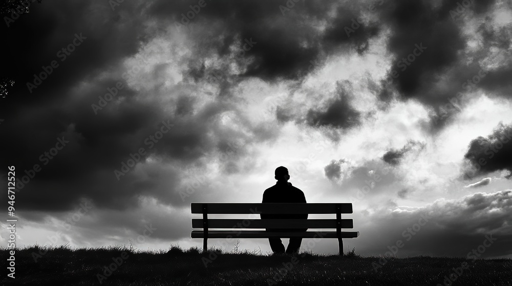 A person sitting alone on a park bench under a cloudy sky, with their head down and shoulders slumped, reflecting a sense of loneliness A person sitting alone on a park bench under a cloudy sky, with their head down and shoulders slumped, reflecting a sense of loneliness
