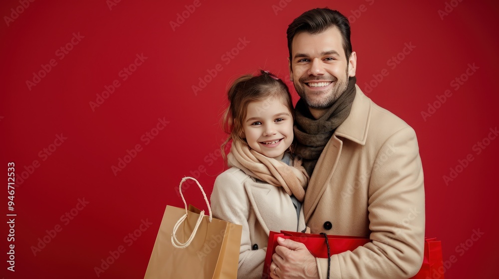 Studio portrait of a happy father and daughter, shopping bags, red background, copy space, sale promotion, beige coat and scarf. Studio portrait of a happy father and daughter, shopping bags, red background, copy space, sale promotion, beige coat and scarf.