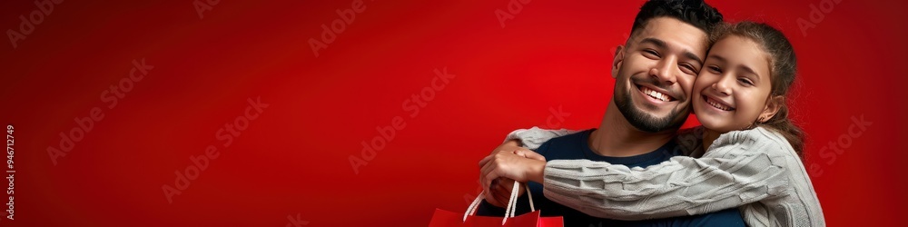 Studio portrait of father and daughter, shopping bags, red background, sale promotion, happy family photo, smiling. Studio portrait of father and daughter, shopping bags, red background, sale promotion, happy family photo, smiling.
